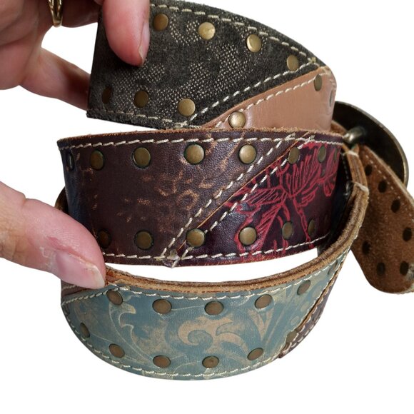 Fossil Leather Patchwork Studded Belt Size M Tooled Metallic Brown Blue Red - Picture 1 of 7